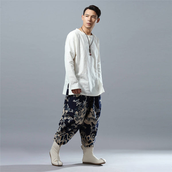 Men Loose Chinese Dragon Printed Cotton and Linen Casual Hanging Crotch Pants