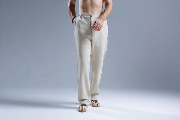 Men Pure Color Cotton and Linen Straight Type Casual Pants