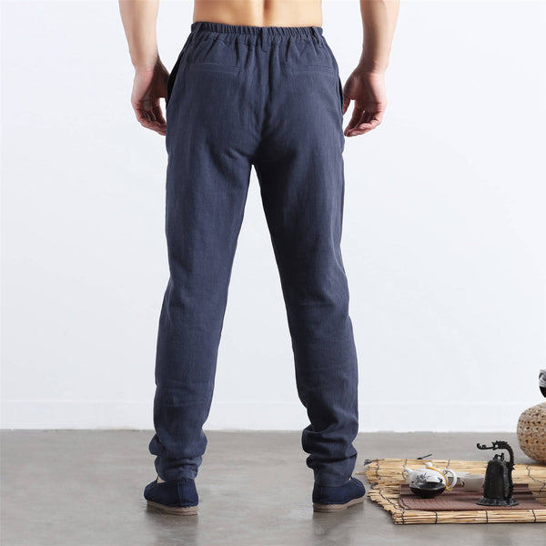 Men Pure Color Cotton and Linen Straight Type Jogger Pants