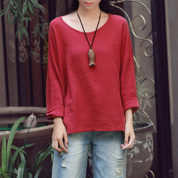 Autumn and winter cotton and linen T-Shirt – Round neck loose long-sleeved T-shirt