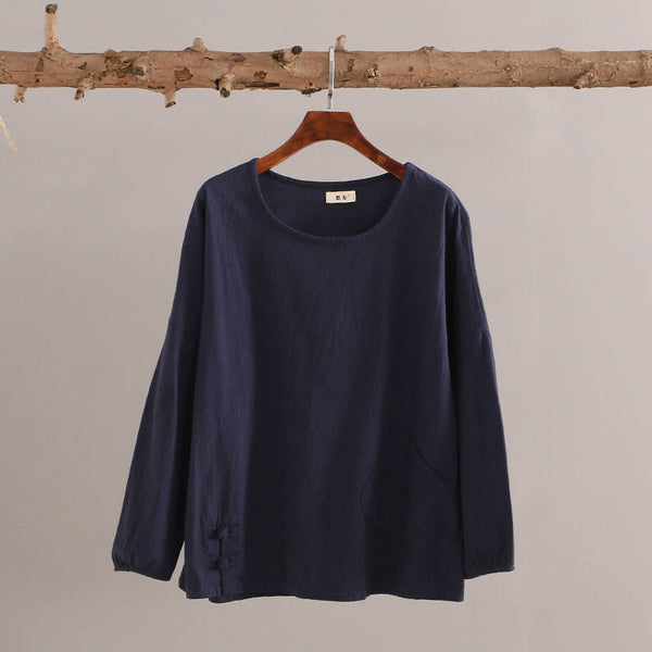 Women Casual Loose Cotton and Linen Round Neck long-sleeved T-shirt
