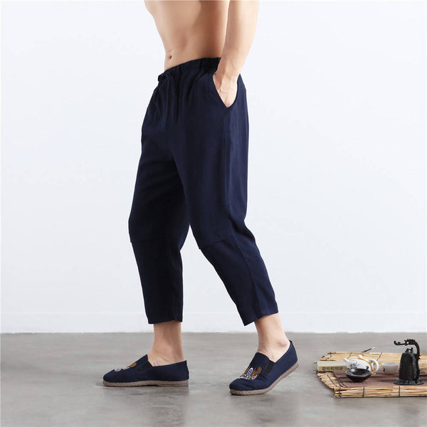 Men Casual Simple Pure Color Cotton and Linen Straight Type Cropped Pants