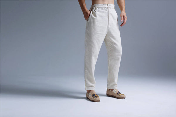 Men Casual Pure Color Cotton and Linen Straight Type Leg Opening Buckle Pants