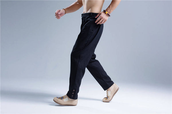 Men Casual Pure Color Cotton and Linen Straight Type Leg Opening Buckle Pants