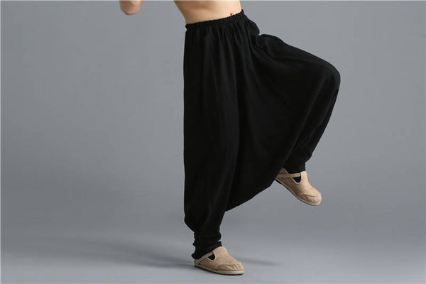 Men Casual Pure Color Loose Cotton and Linen Hanging Crotch Dancing Pants