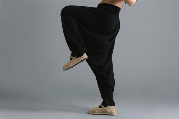 Men Casual Pure Color Loose Cotton and Linen Hanging Crotch Dancing Pants