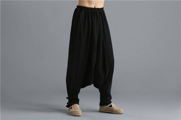 Men Casual Pure Color Loose Cotton and Linen Hanging Crotch Dancing Pants