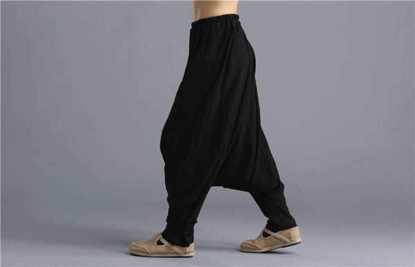 Men Casual Pure Color Loose Cotton and Linen Hanging Crotch Dancing Pants