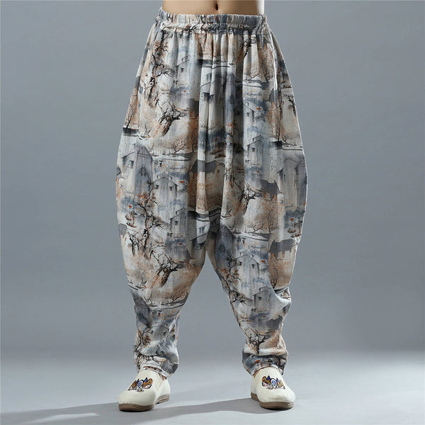 Men Casual Loose Cotton and Linen Chinese Scenery Printed Hanging Crotch Dancing Pants