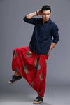 Men Casual Loose Cotton and Linen Printed Hanging Crotch Yoga Pants