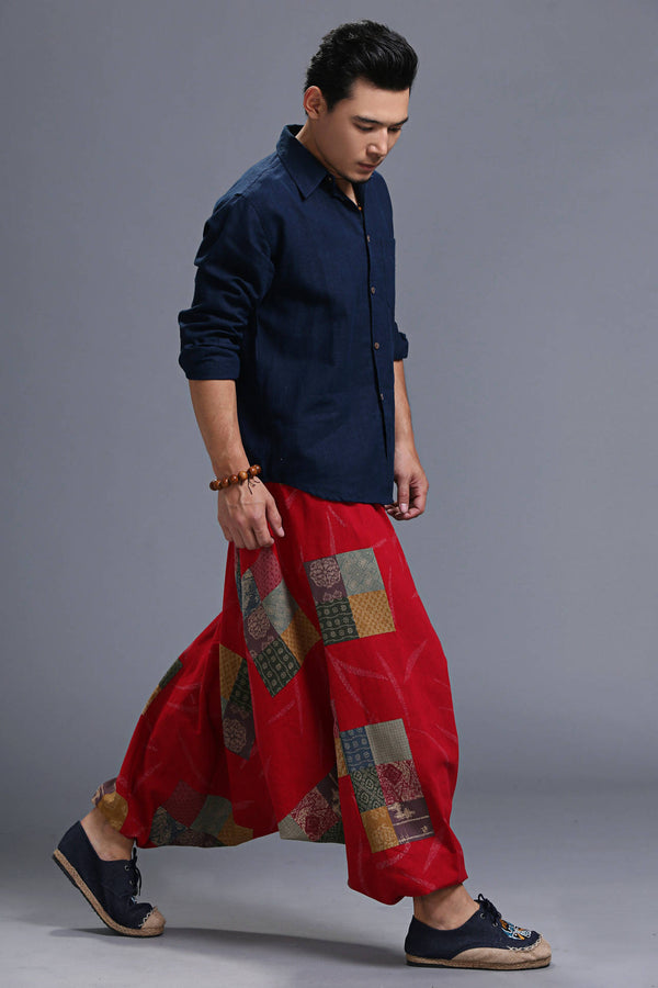 Men Casual Loose Cotton and Linen Printed Hanging Crotch Yoga Pants