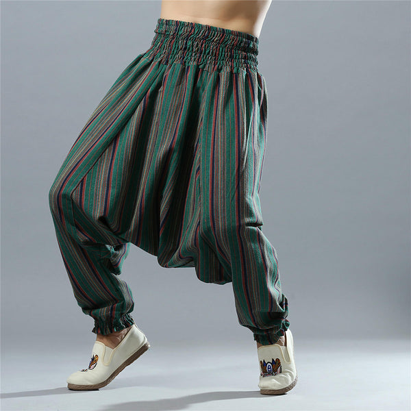 Men Casual Loose Stripe Patterned Cotton and Linen Hanging Crotch Pants
