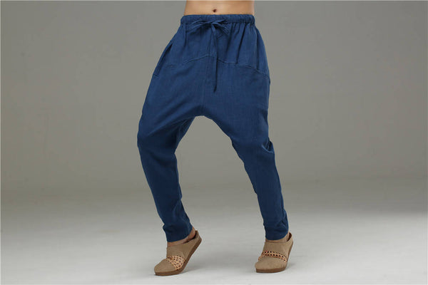 Men Casual Pure Color Cotton and Linen Crotch Dancing Men Pants