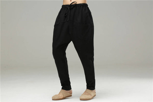 Men Casual Pure Color Cotton and Linen Crotch Dancing Men Pants