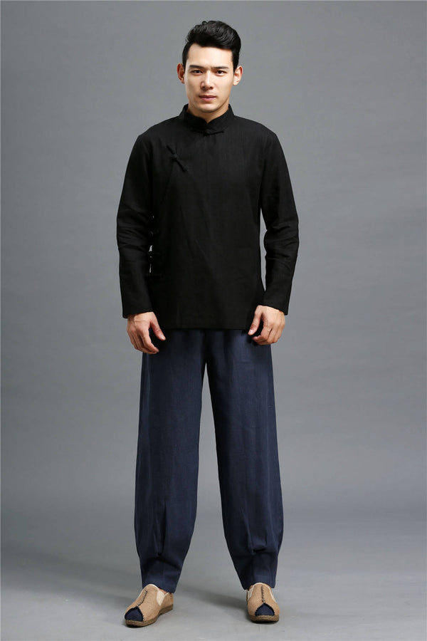 Men Casual Pure Color Loose Cotton and Linen Chinese Style KungFu Pants