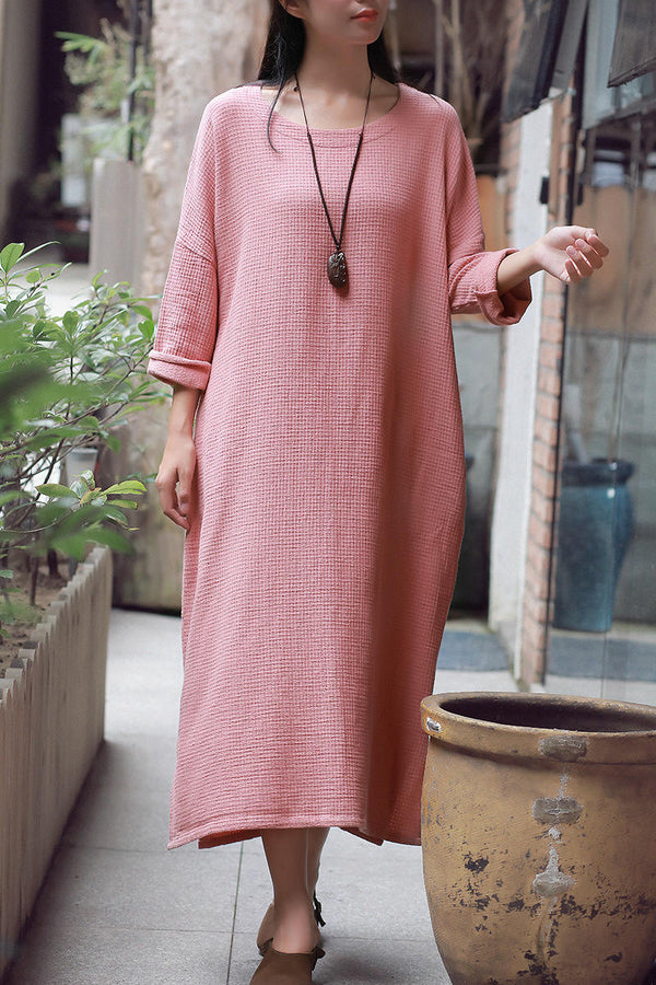 Women Retro Round Neck Long Sleeves Linen and Cotton Dress