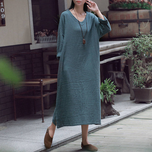 Women Retro V-neck Long-Sleeved Linen and Cotton Dress