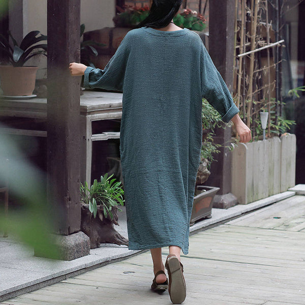 Women Retro V-neck Long-Sleeved Linen and Cotton Dress