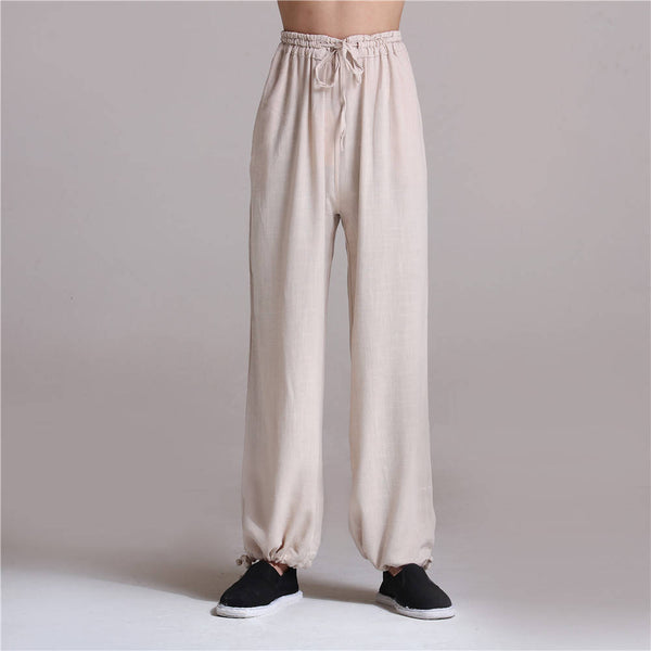 Men Casual Pure Color Loose Cotton and Linen Chinese KungFu Pants