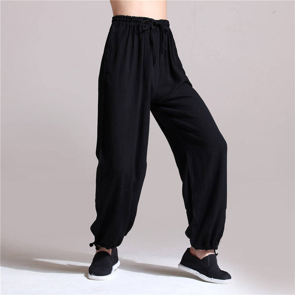 Men Casual Pure Color Loose Cotton and Linen Chinese KungFu Pants