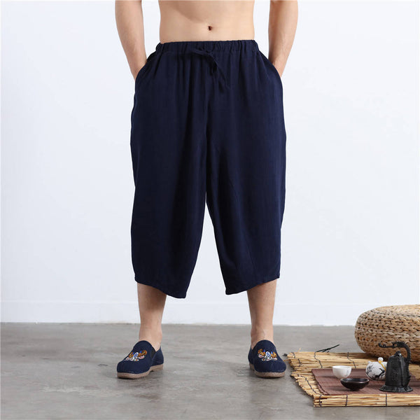 Men Casual Simple Pure Color Cotton and Linen Hanging Crotch Cropped Pants