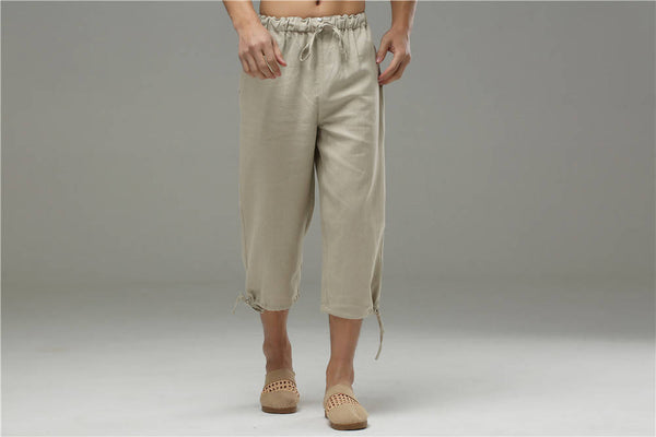 Men Casual Simple Pure Color Cotton and Linen Capri Pants
