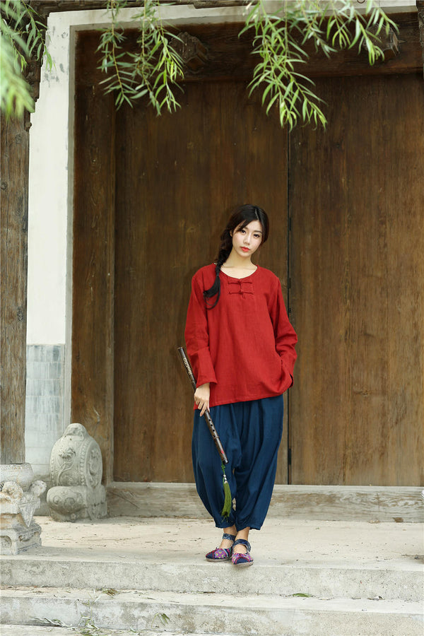 Women Chinese Traditional Style Round Neck Long Sleeve HanfFu Zen Linen and Cotton Top