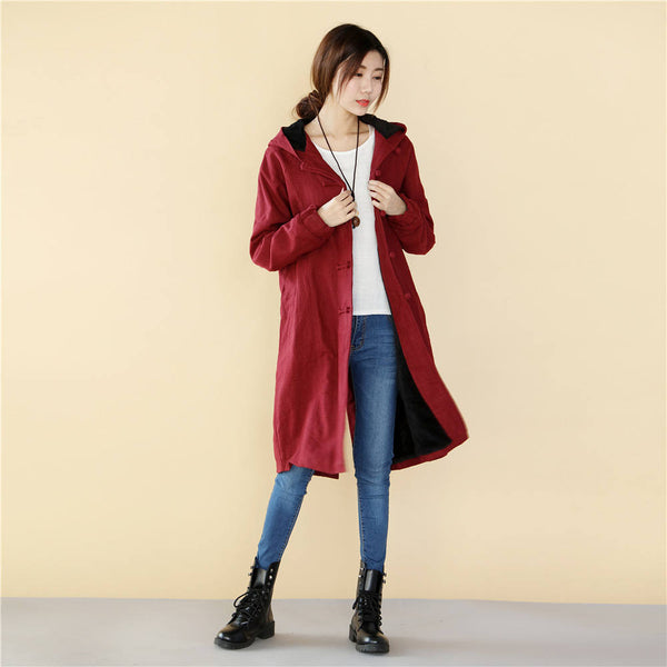 Women Simple Pure Color Linen and Cotton Knee Length Coat with Hoodie