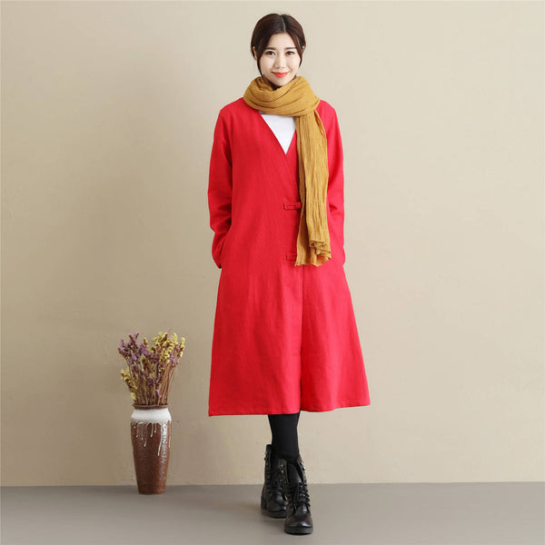 Women Asian Style Causal Long Loose Linen and Cotton Coat