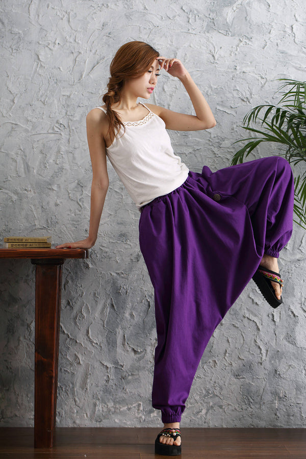 Women Casual Loose Pure Color Cotton and Linen Hanging Crotch Pants