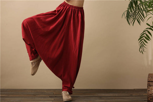 Women Pure Red Cotton and Linen Hanging Crotch Yoga Dancing Pants