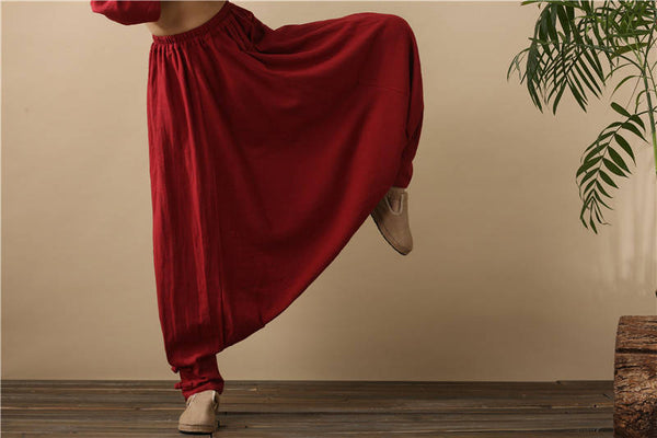 Women Pure Red Cotton and Linen Hanging Crotch Yoga Dancing Pants