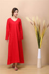 Women Simple Pure Color Hanfu Type Linen and Cotton Tea Length Dress