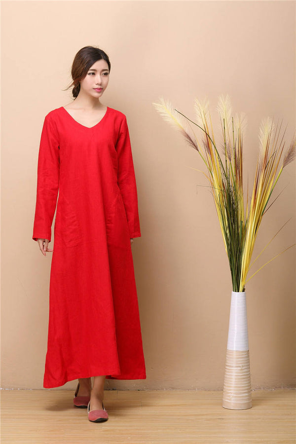 Women Simple Pure Color Hanfu Type Linen and Cotton Tea Length Dress