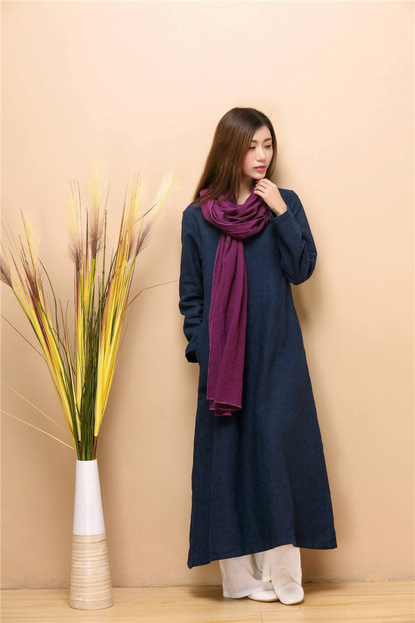 Women Simple Pure Color Hanfu Type Linen and Cotton Tea Length Dress