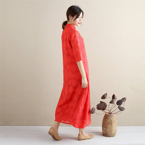 Women Eastern Style Linen and Cotton Tea Length Zen Dress