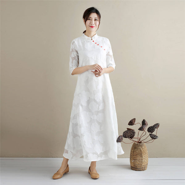 Women Eastern Style Linen and Cotton Tea Length Zen Dress