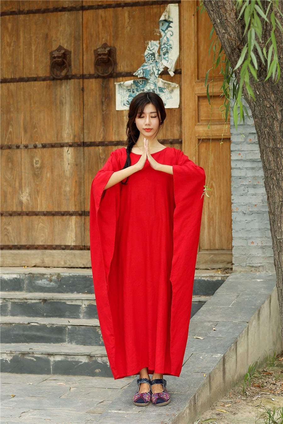 Women Eastern Style Ankle Length Butterfly Type Linen and Cotton Dress Green Women Eastern Style Ankle Length Butterfly Type Linen and Cotton Dress Green