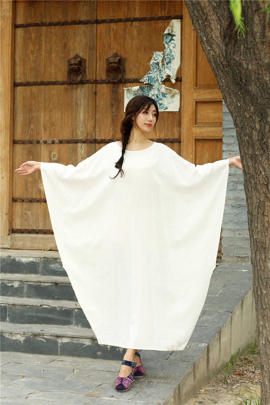 Women Eastern Style Ankle Length Butterfly Type Linen and Cotton Dress Green Women Eastern Style Ankle Length Butterfly Type Linen and Cotton Dress Green