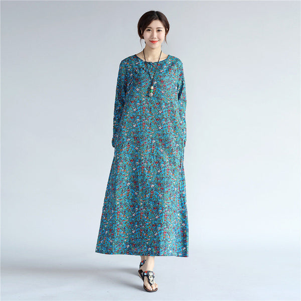 Women Eastern Style Tea Length Printed Hangfu Type Linen and Cotton Dress