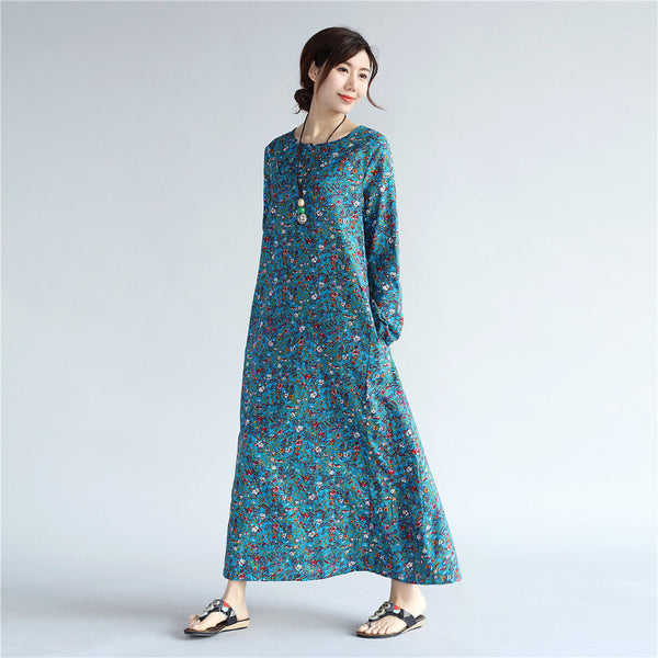 Women Eastern Style Tea Length Printed Hangfu Type Linen and Cotton Dress