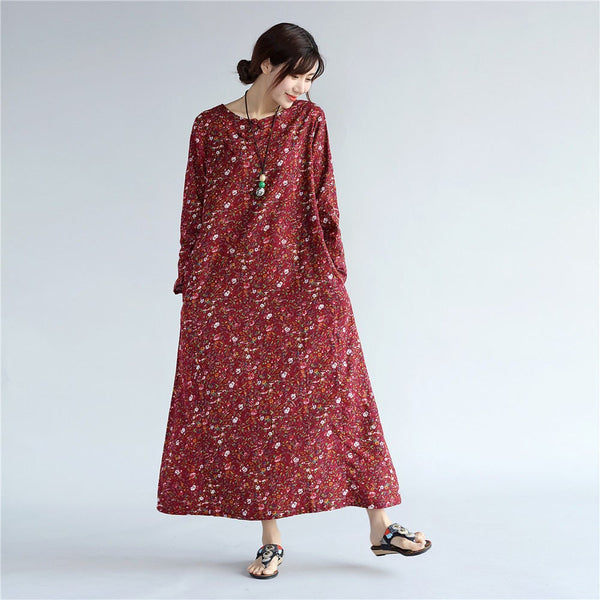 Women Eastern Style Tea Length Printed Hangfu Type Linen and Cotton Dress