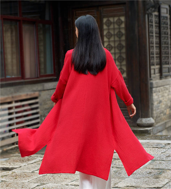 Women Retro Buckle Collar Long Sleeve Linen and Cotton Coat