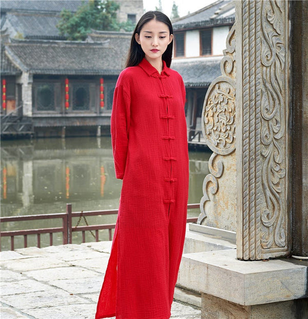 Women KungFu Style Cardigan Retro Buckle Collar Long sleeve Linen and Cotton Coat