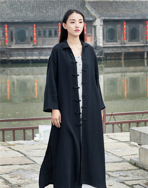 Women KungFu Style Cardigan Retro Buckle Collar Long sleeve Linen and Cotton Coat