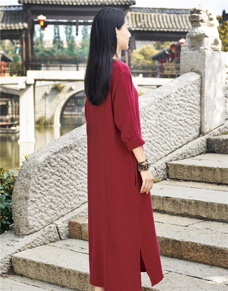 retro linen dress Women Retro Buckle Long Sleeved Cotton and Linen Dress Wine Red
