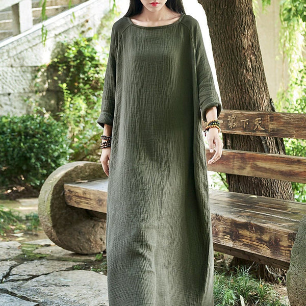 Women Retro Round Neck Long-sleeved Cotton and Linen Dress