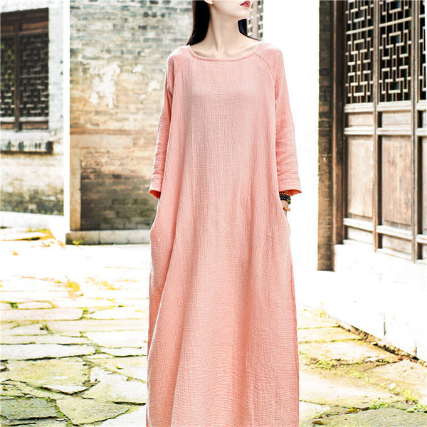 Women Retro Round Neck Long-sleeved Cotton and Linen Dress