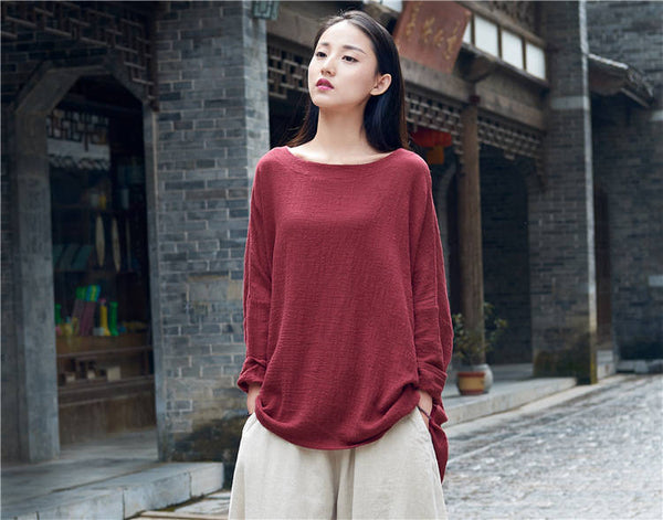 Retro Women cotton and linen Round Neck loose long-sleeved T-shirt