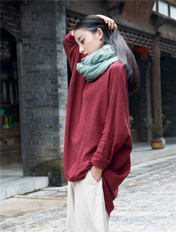 Retro Women cotton and linen Round Neck loose long-sleeved T-shirt